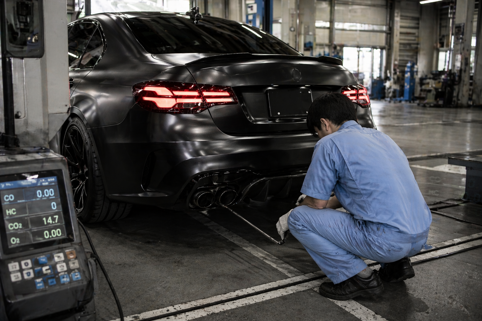 整備士が排出ガス測定器を確認しながら施工する様子