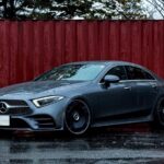 Grey Mercedes-Benz sedan parked on a wet pavement in front of a red corrugated metal wall, rain droplets on the car.