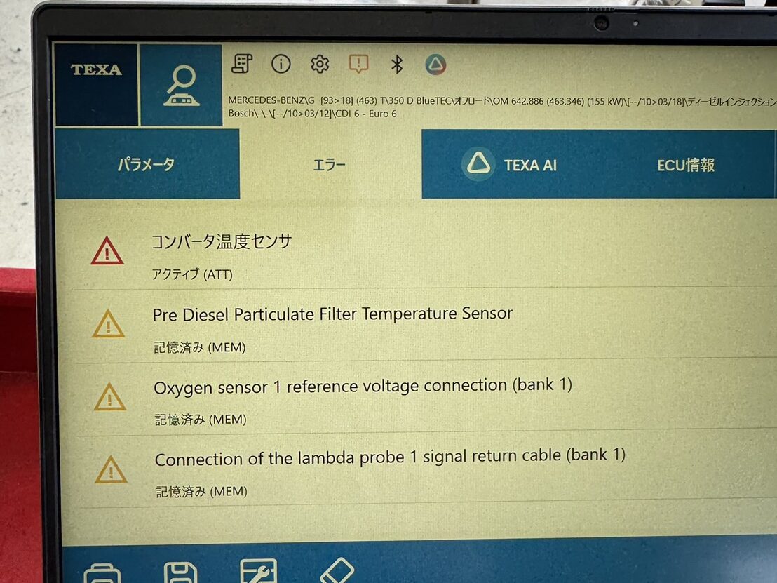 Laptop screen showing TEXA diagnostic app with vehicle fault list: PRE DPF temperature sensor, Oxygen sensor 1 reference voltage connection (bank 1), and lambda probe 1 signal return cable (bank 1).