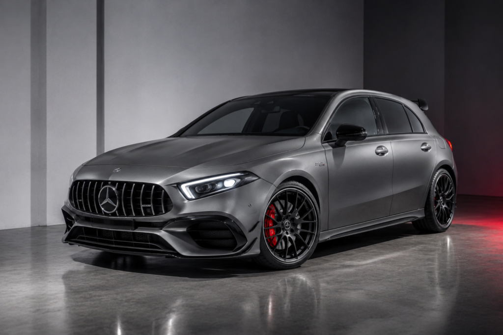 Gray Mercedes-AMG sedan in a showroom, front three-quarter view with black multi-spoke wheels and red brake calipers.