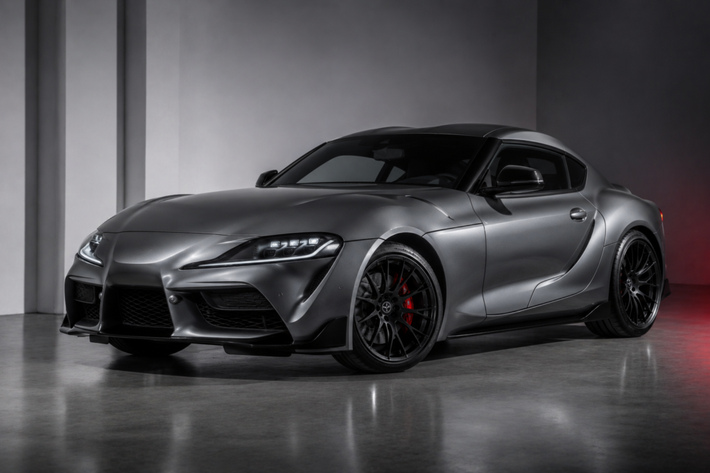 Front three-quarter view of a metallic gray sports car with large black wheels in a minimal studio setting.