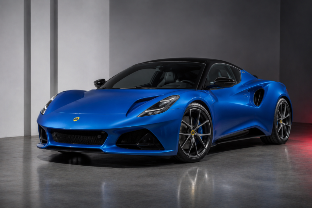 Blue sports car with black roof in a minimalist studio setting, front-quarter view.
