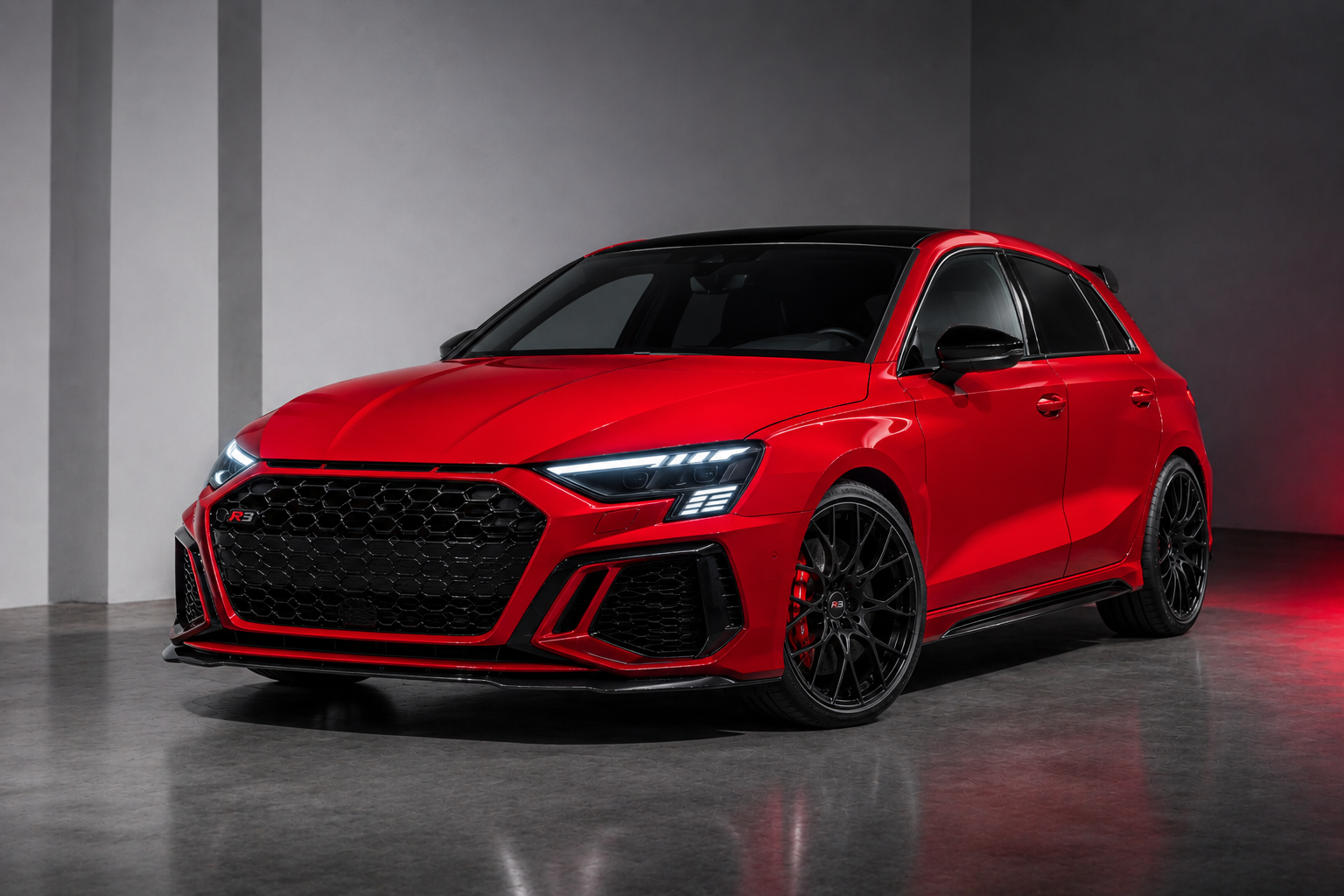 RS3 8Y – mbFAST Tuning Red high-performance hatchback parked indoors with a black honeycomb grille, sharp LED headlights, and large black alloy wheels.