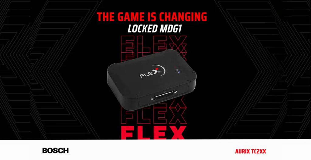 image – mbFAST Tuning Promotional banner showing a small black device labeled FLEX hovering over bold red FLEX text; Bosch logo left, Aurix TC2XX right at the bottom.