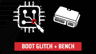 Graphic titled 'Connection Mode' showing a circuit diagram and a DB-style connector with a red highlight, captioned 'Boot Glitch + Bench' (tech/repair theme).