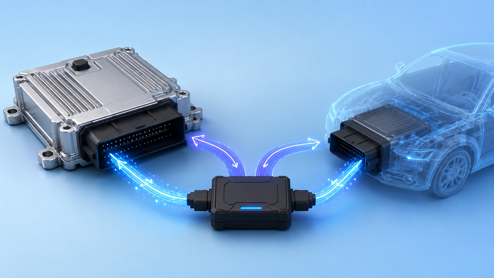 image – mbFAST Tuning Electronic control unit (ECU) connected to a central transceiver transferring data to a car via blue glowing lines and arrows in a studio scene.