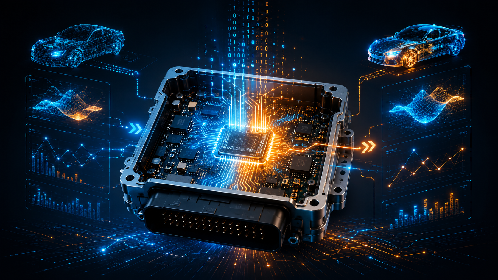 image – mbFAST Tuning Close-up of an automotive electronic control unit (ECU) with glowing blue and orange circuitry and data graphs in the background, suggesting car analytics.