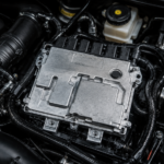Close-up of a car engine bay showing the silver electronic control unit (ECU) and surrounding hoses and cables.