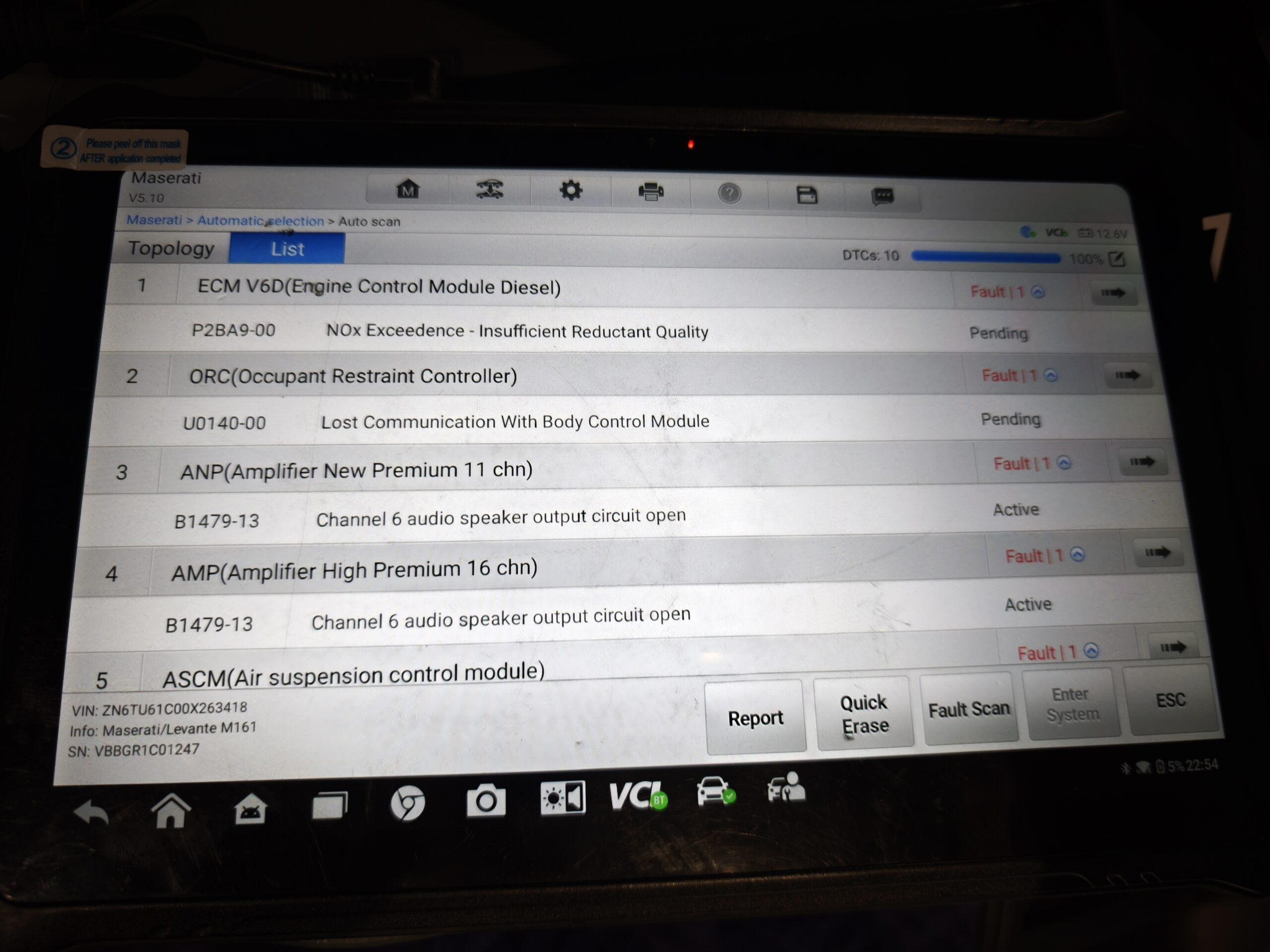 IMG_20260627_155412 1 – mbFAST Tuning Diagnostic screen showing Maserati ECU faults list with codes and statuses (e.g., NOx, Occupant Restraint, Amplifier).