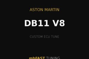 Black promotional graphic: 'Aston Martin DB11 V8' with 'Custom ECU Tune' by mbFAST Tuning and gold lines across the top and bottom.
