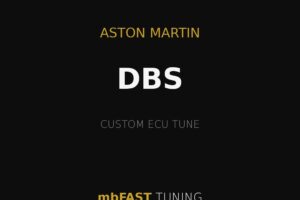 Brand cover for an Aston Martin DBS with gold lines and mbFAST TUNING — promoting a custom ECU tune (text: ASTON MARTIN, DBS, CUSTOM ECU TUNE).