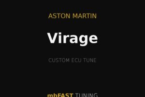 Brand branding: Aston Martin Virage with 'mbFAST TUNING' on a black cover, gold accents and lines, advertising a custom ECU tune.