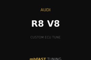 audi-r8-v8 – mbFAST Tuning Ad for Audi R8 V8 with custom ECU tune by mbFAST Tuning on a black background with gold accents and lines