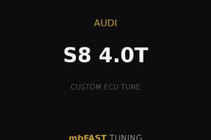 audi-s8-4-0t – mbFAST Tuning Black promotional poster for Audi S8 4.0T custom ECU tune by mbFAST Tuning; gold lines at top and bottom, and white/gold text on a black background.