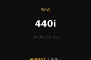Black background with thin gold lines near top and bottom, centered text reads 'BMW 440i' in gold and 'CUSTOM ECU TUNE' in gray, 'mbFAST TUNING' at the bottom in gold and white.