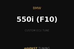 bmw-550i-f10 – mbFAST Tuning Advertising graphic for mbFAST Tuning: BMW 550i (F10) custom ECU tune on a black background with gold accents.