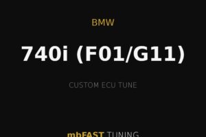 bmw-740i-f01-g11 – mbFAST Tuning BMW 740i (F01/G11) custom ECU tune by mbFAST TUNING on a black background with gold accents lines.
