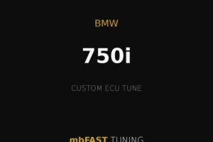 bmw-750i – mbFAST Tuning Advertising graphic for mbFAST Tuning: BMW 750i with a custom ECU tune on a black background with thin gold lines and gold/gray text.