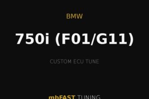 Black promotional banner for BMW 750i F01/F11 custom ECU tune by mbFAST TUNING, with gold lines and subdued typography.