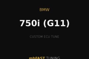 BMW 750i (G11) Custom ECU Tune by mbFAST Tuning on a black background with gold divider lines.