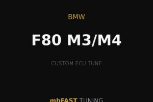 bmw-f80-m3-m4 – mbFAST Tuning Promotional banner for mbFAST TUNING: BMW F80 M3/M4 custom ECU tune with gold accents and lines.