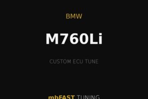 bmw-m760li – mbFAST Tuning Brand graphic for mbFAST TUNING: BMW M760Li with 'Custom ECU Tune' on a black background with gold lines.