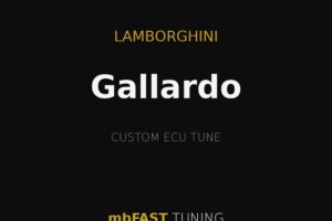 Black promotional banner: gold lines at top and bottom with the words LAMBORGHINI, Gallardo, CUSTOM ECU TUNE, and mbFAST TUNING on a dark background.