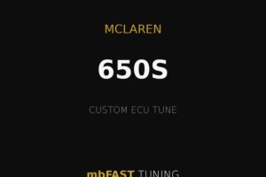 Black promotional graphic: 'MCLAREN 650S' with 'CUSTOM ECU TUNE' and 'mbFAST TUNING' in gold/white text, accented by thin gold lines