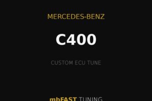 mercedes-benz-c400 – mbFAST Tuning Mercedes-Benz C400 promotional graphic: black background, gold lines, text 'CUSTOM ECU TUNE' and 'mbFAST TUNING' highlighting a C400 tune.