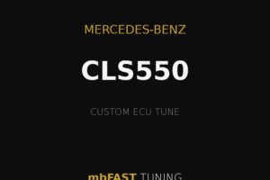 Mercedes-Benz CLS550 custom ECU tune advertised by mbFAST TUNING on a black poster with gold accents and lines