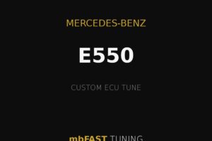 mercedes-benz-e550 – mbFAST Tuning Branding graphic for a Mercedes-Benz E550 custom ECU tune by mbFAST Tuning, with gold accents and horizontal lines.