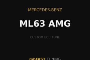 Mercedes-Benz ML63 AMG custom ECU tune ad by mbFAST Tuning on a black background with gold accents and lines