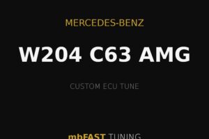mercedes-benz-w204-c63-amg – mbFAST Tuning Advertisement graphic for Mercedes-Benz W204 C63 AMG with custom ECU tune by mbFAST Tuning; black background with gold accents and lines.
