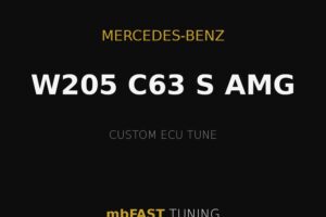 Marketing graphic on a black background promoting mbFAST TUNING for Mercedes‑Benz W205 C63 S AMG with a custom ECU tune