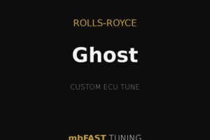 Promotional black graphic for Rolls-Royce Ghost custom ECU tune by mbFAST Tuning, with gold lines and gold and white typography.